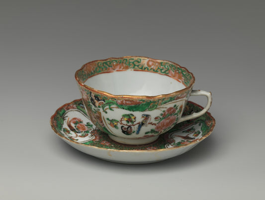 Chinese famille rose teacup and saucer with birds and flowers