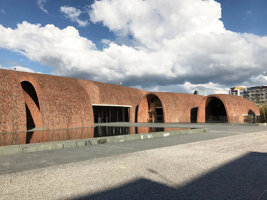 Contemporary brick vaults and reflecting pool at the Jingdezhen Imperial Kiln Museum, photographed in 2019
