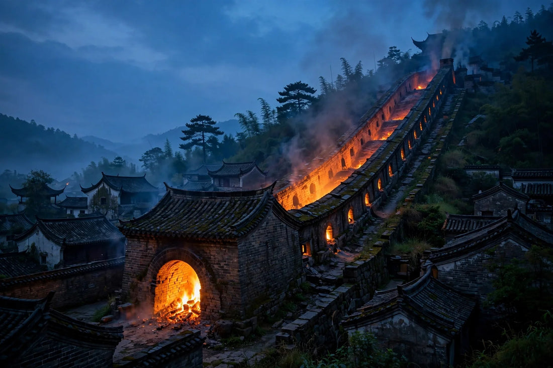 Dragon kiln glowing at dusk in Jingdezhen